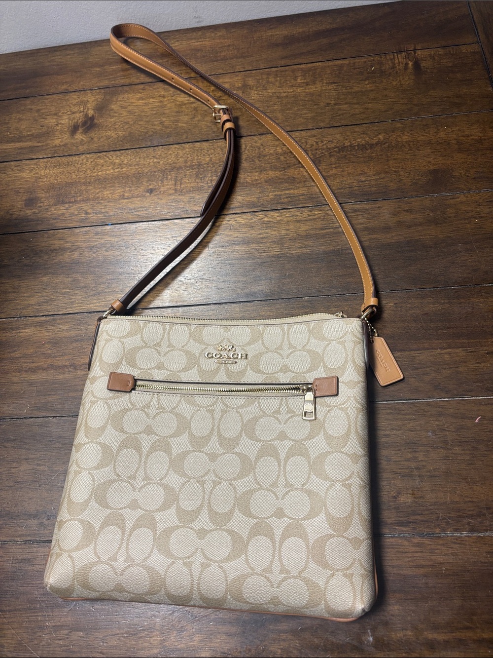 Coach Khaki/Tan Signature Crossbody with Leather Strap